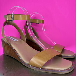 Steve Madden Harlequin Cognac Brown Faux Leather Ankle Strap Wedge Sandal US 10